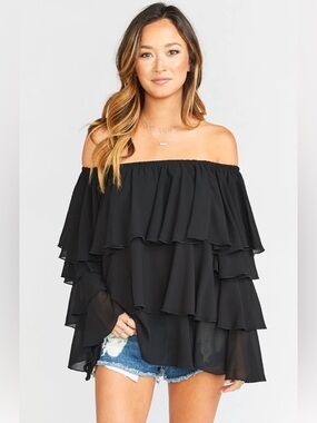 Show Me Your Mumu Chi Chi Top Black Off Shoulder Ruffle Blouse Boho Medium